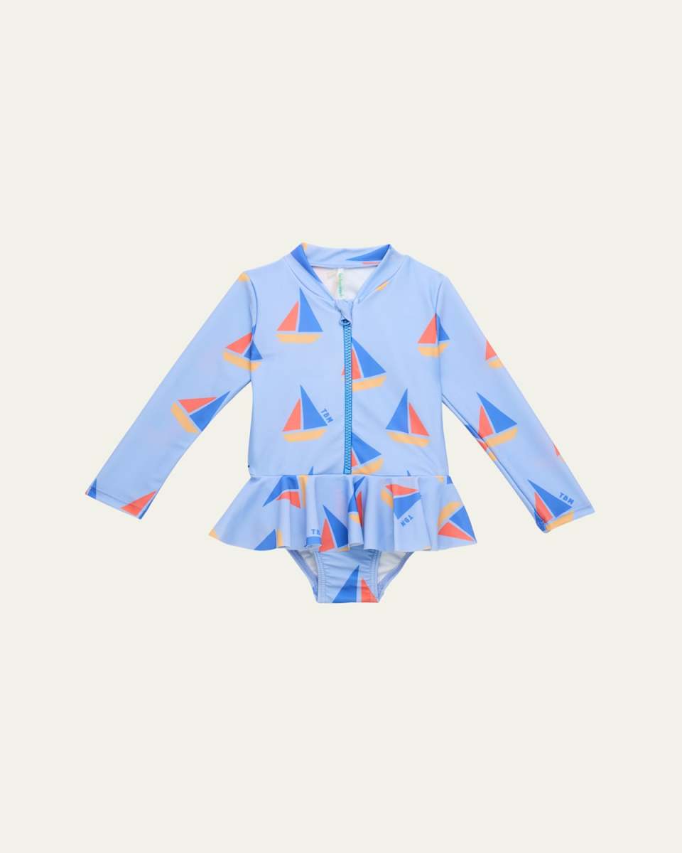 Girl's Sailboat-Print Peplum Rashguard, Size Newbor